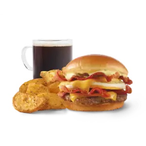 Wendy’s Breakfast Bacon Combo Deal with crispy bacon, a warm breakfast sandwich, seasoned potatoes, and a morning drink.”