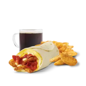 “Wendy’s Breakfast Burrito Combo served with a warm burrito, crispy seasoned potatoes, and a refreshing morning drink.