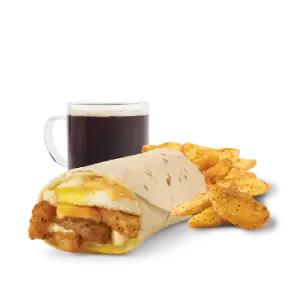 “Wendy’s Sausage Burrito Combo with a soft tortilla burrito, savory sausage, seasoned potatoes, and a breakfast drink.”