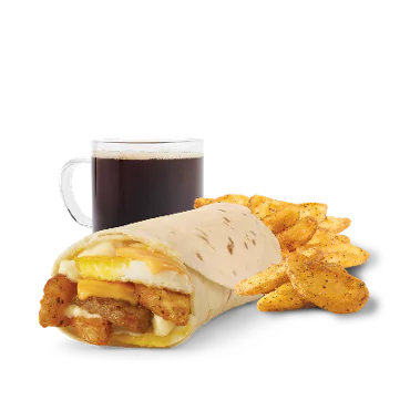 “Wendy’s Sausage Burrito Combo with a soft tortilla wrap, savory sausage, seasoned potatoes, and a morning drink.”