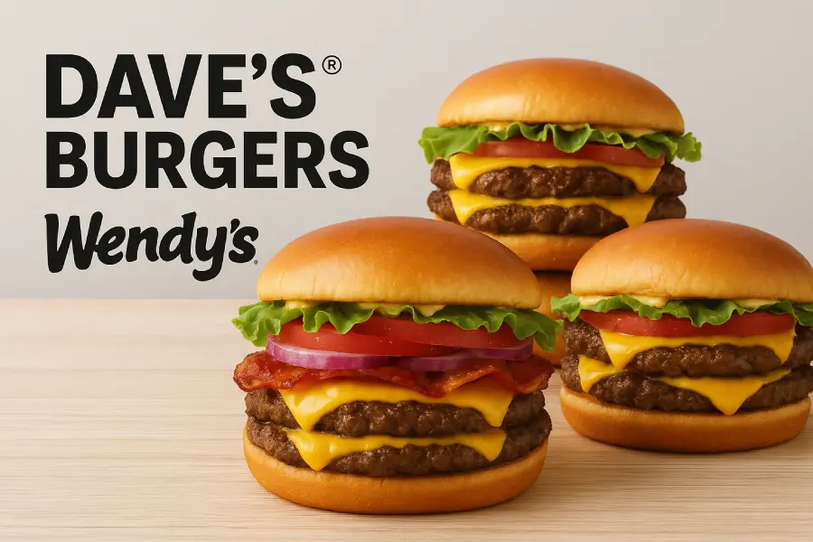 Juicy Dave’s® Burgers from Wendy’s served with beef patties, cheese, lettuce, tomato, and a toasted bun.