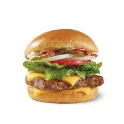 Wendy’s Double served with lettuce, tomato, onion, pickles, ketchup, and mayo for a classic flavor.