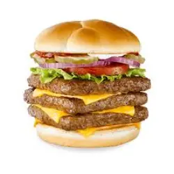 Wendy’s Dave’s Triple® burger stacked with three beef patties, melted cheese, and fresh toppings.