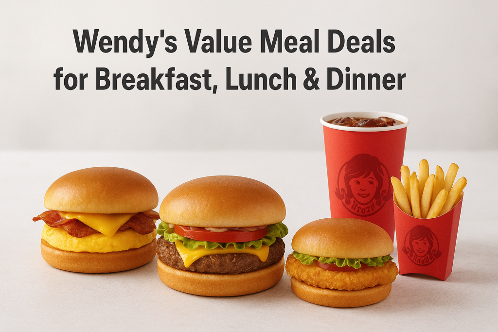 Wendy’s value meal deals with breakfast sandwich, cheeseburger, chicken sandwich, fries, and soda in branded red packaging