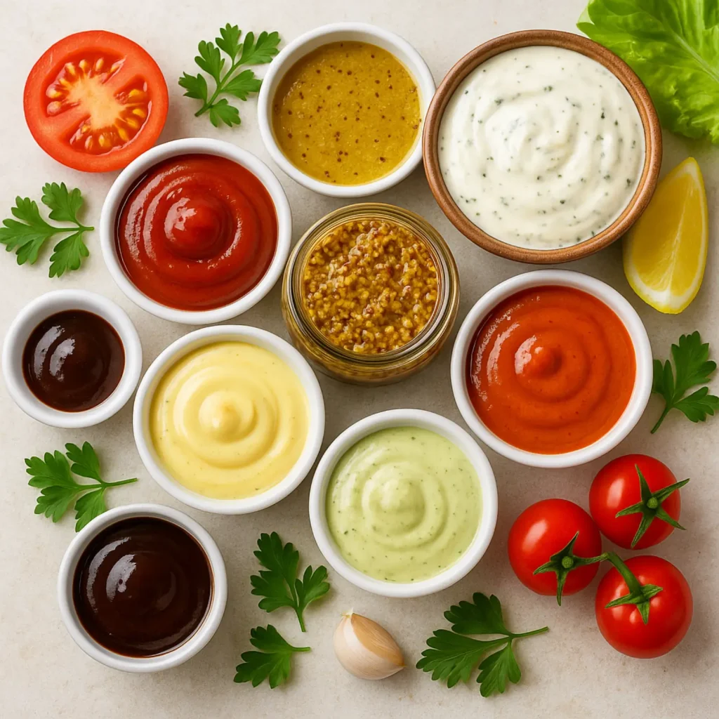 Assorted sauces and creamy salad dressings with fresh vegetables and herbs