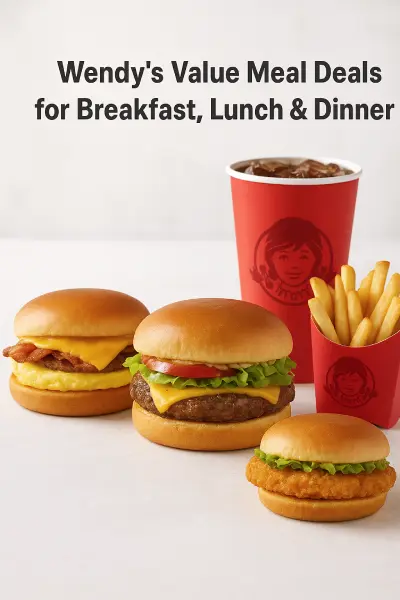 Wendy’s value meal deals with burgers, fries, drink, and sandwiches.