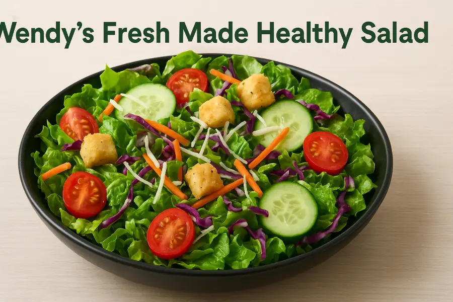 A bowl of Wendy’s fresh made healthy salad with lettuce, cherry tomatoes, cucumbers, carrots, cabbage, shredded cheese, and croutons, served in a black bowl.