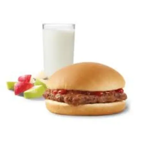 Wendy’s Kids’ Cheeseburger with price, calories, and full menu details shown with fries and a drink.