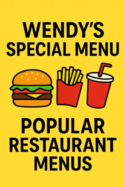 Wendy’s Special Menu and Popular Restaurant Menus with burger, fries, and drink on yellow background