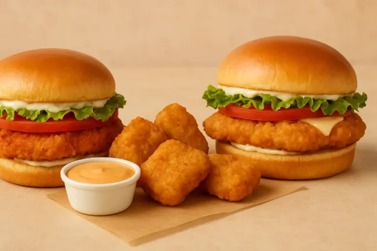 Wendy’s Chicken Sandwiches and Nuggets served hot, crispy, and golden with fresh lettuce, tomato, and dipping sauce on the side