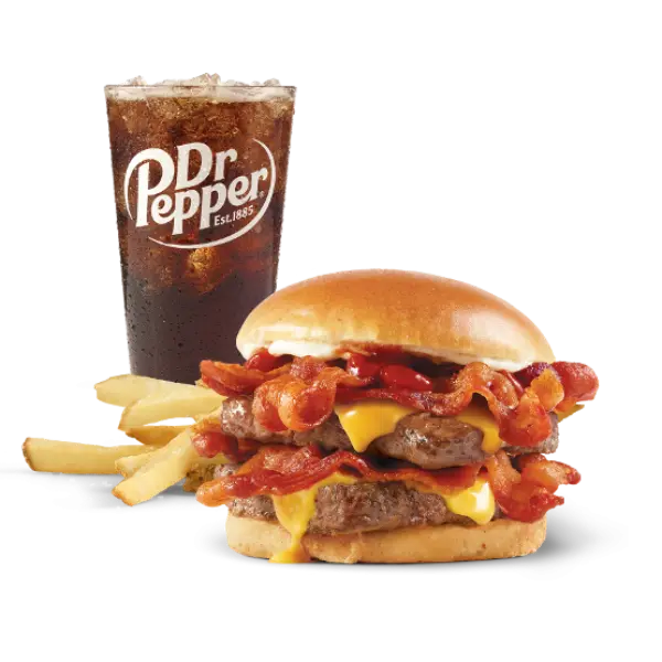 Close-up of Wendy’s Baconator served on a fresh bun with ketchup and mayo