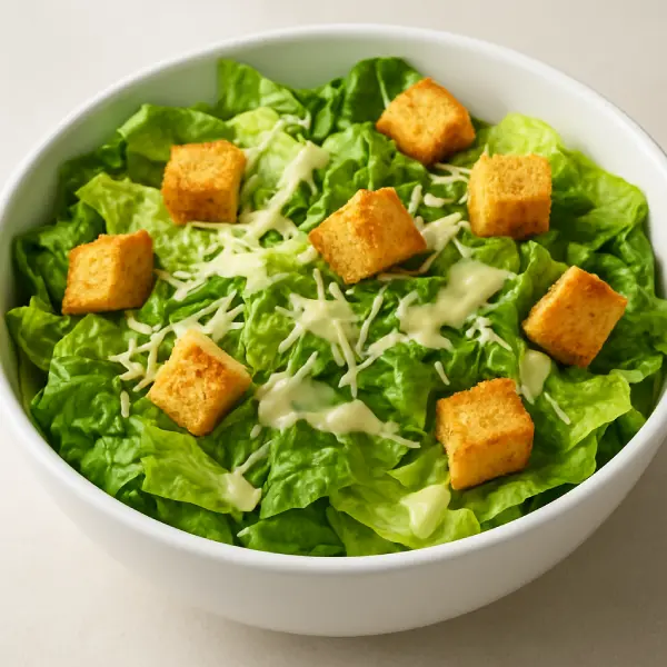 A fresh Caesar Side Salad featuring crisp romaine lettuce, shredded parmesan cheese, and crunchy croutons topped with creamy Caesar dressing.